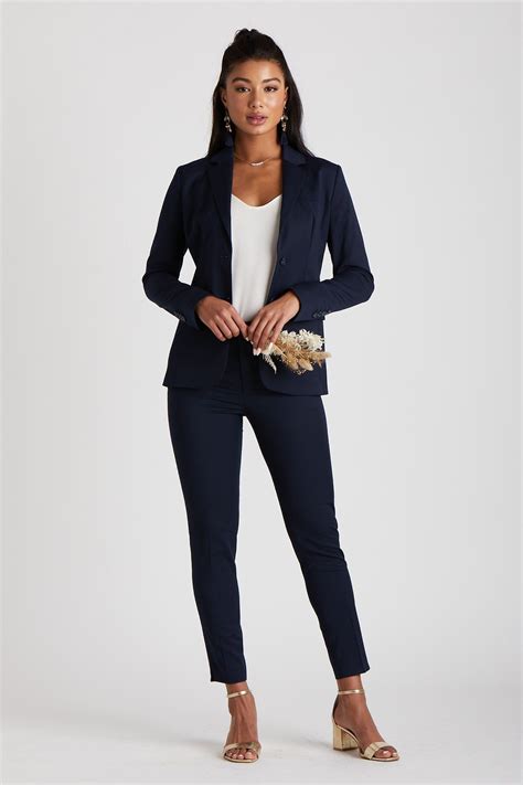 women's navy blue pants suit.